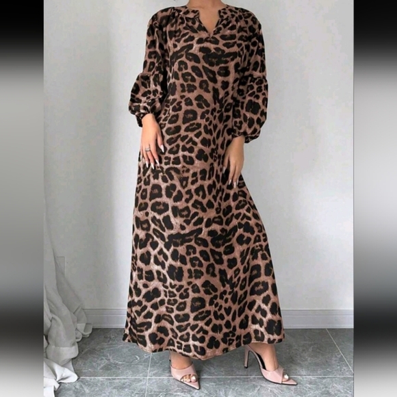Women's Summer Notched V-Neck Leopard Print Lantern Sleeve Long Loose - Picture 4 of 4